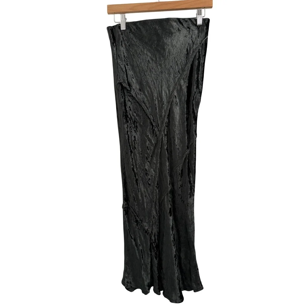 Free People Crushed Velvet Midi Skirt Pine Green Grey Distressed‎ Small